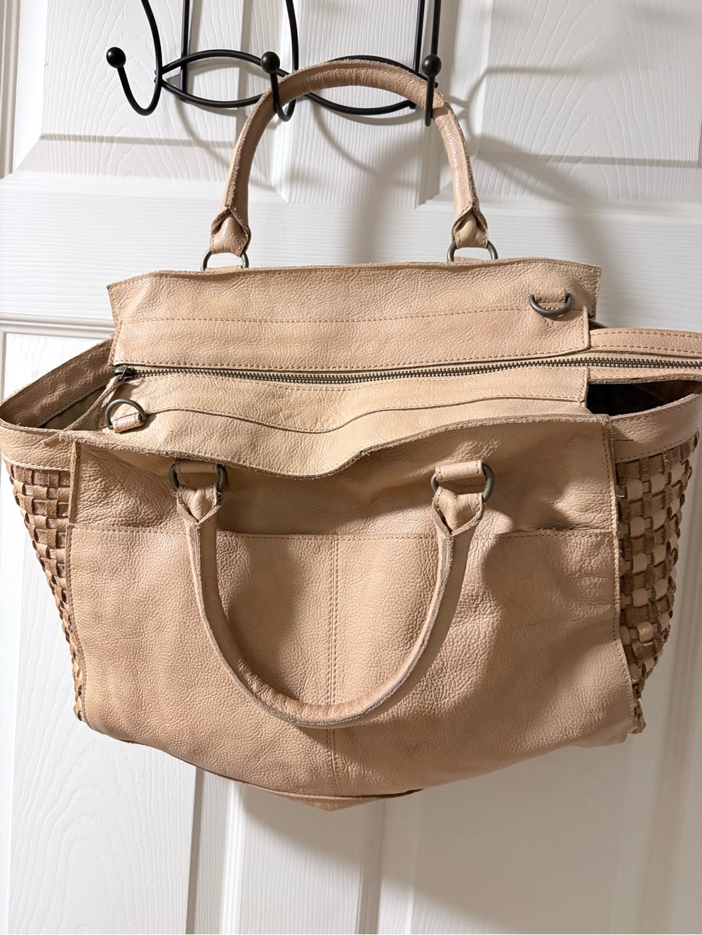 Structured Beige Woven Leather Tote Bag - Designer Style